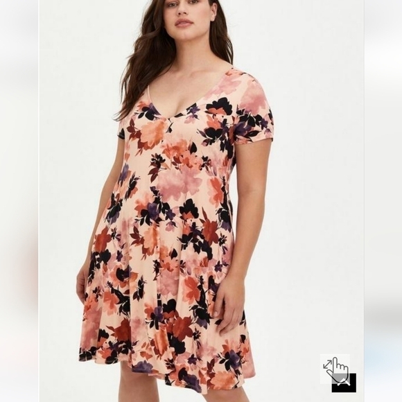 NWT Torrid Mini Super Soft Trapeze Dress 6 6X Floral Peach Pockets Stretch Knit - Picture 1 of 9